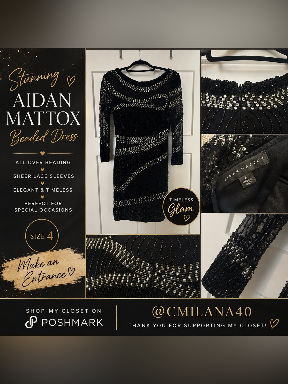 Aidan Mattox Black Beaded Long-Sleeve Sheath Dress